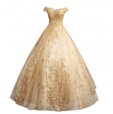 Donna Bridal společenské a plesové šaty s krajkou a perličkami Zlatá Velikost 32 kód 371