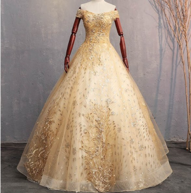 Donna Bridal společenské a plesové šaty s krajkou a perličkami Zlatá Velikost 32 kód 371