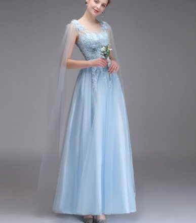 Donna Bridal originální společenské šaty s dlouhými rukávy cca 1,5 m + květy v 3D Modrá nebeská Velikost 38 kód 461