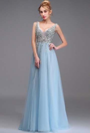 Donna Bridal večerní, krásné a sexy společenské šaty s rozparkem a výstřihem do V Modrá nebeská Velikost 32 kód 363