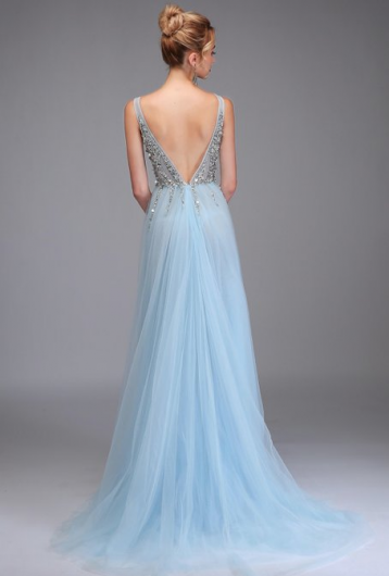 Donna Bridal večerní, krásné a sexy společenské šaty s rozparkem a výstřihem do V Modrá nebeská Velikost 32 kód 363