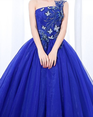 Donna Bridal plesové  a společenské šaty s motýlky + 3D květy + SPODNICE ZDARMA Modrá královská Velikost 34 kód 493