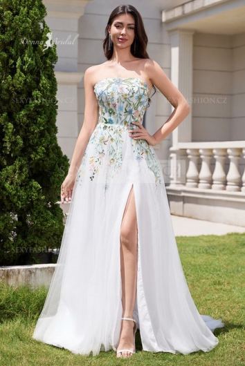Donna Bridal květované vyšívané svatební šaty s rozparkem a vlečkou Bílá 32 kód 553