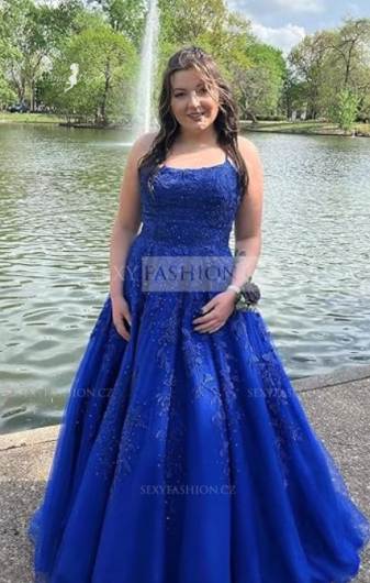 Donna Bridal luxusní plesové šaty s originálními zády + dvojté ramínka + SPODNICE ZDARMA Modrá královská Velikost 38 kód 159