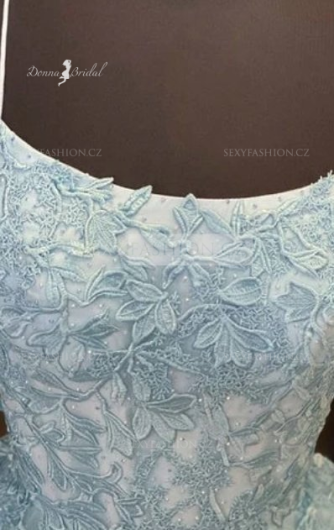 Donna Bridal luxusní plesové šaty s originálními zády + dvojté ramínka + SPODNICE ZDARMA Modrá nebeská Velikost 42 kód 159