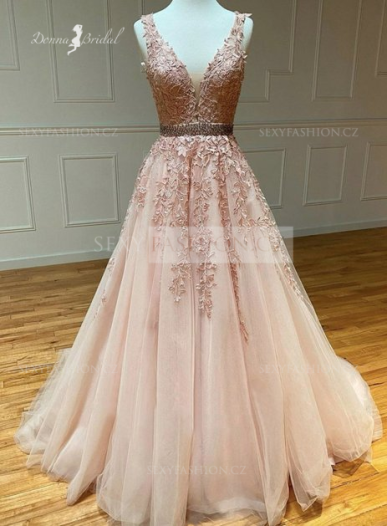 Donna Bridal Luxusní plesové & společenské šaty s krajkou, kamínky a šněrováním na zádech – ball gown silueta Růžová světlá Velikost 34 kód 154