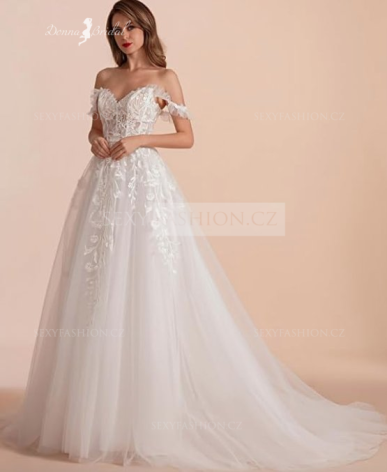 Donna Bridal svatební šaty áčkové – krajkové, srdíčkový výstřih, odhalená ramena, ivory, vlečka Bílá Velikost 32 kód 566