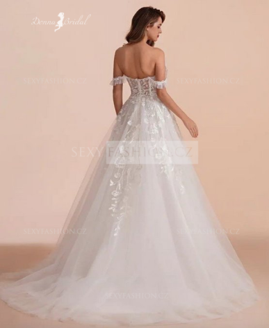 Donna Bridal svatební šaty áčkové – krajkové, srdíčkový výstřih, odhalená ramena, ivory, vlečka Bílá Velikost 32 kód 566