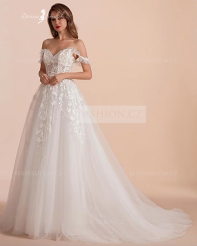 Donna Bridal svatební šaty áčkové – krajkové, srdíčkový výstřih, odhalená ramena, ivory, vlečka Bílá Velikost 32 kód 566