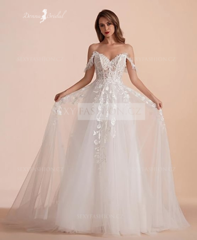 Donna Bridal svatební šaty áčkové – krajkové, srdíčkový výstřih, odhalená ramena, ivory, vlečka Bílá Velikost 32 kód 566