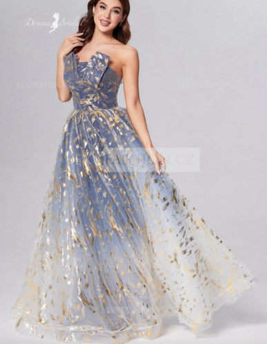 Donna Bridal společenské šaty princeznovského střihu v modré se zlatým potiskem Mix barev - stejná jako na fotografii Velikost 36 kód 567