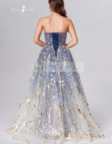 Donna Bridal společenské šaty princeznovského střihu v modré se zlatým potiskem Mix barev - stejná jako na fotografii Velikost 36 kód 567