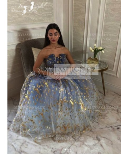Donna Bridal společenské šaty princeznovského střihu v modré se zlatým potiskem Mix barev - stejná jako na fotografii Velikost 36 kód 567