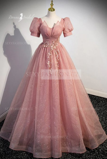 Donna Bridal plesové šaty – elegantní třpytivé šaty s květinovým zdobením a nadýchanými rukávky Růžová tmavá Velikost 32 kód 570