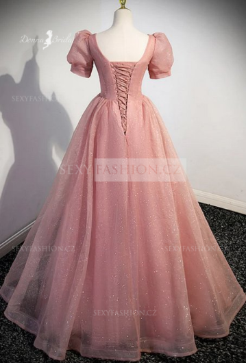 Donna Bridal plesové šaty – elegantní třpytivé šaty s květinovým zdobením a nadýchanými rukávky Růžová tmavá Velikost 32 kód 570