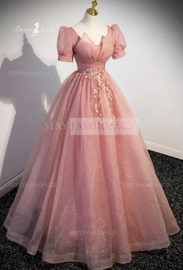 Donna Bridal plesové šaty – elegantní třpytivé šaty s květinovým zdobením a nadýchanými rukávky Růžová tmavá Velikost 32 kód 570