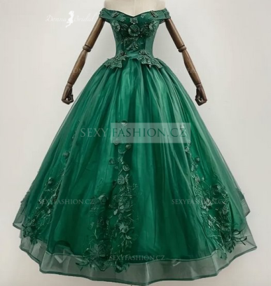 Donna Bridal romantické šaty s krajkou do tvaru květin + SPODNICE ZDARMA Zelená tmavá Velikost 42 kód 164