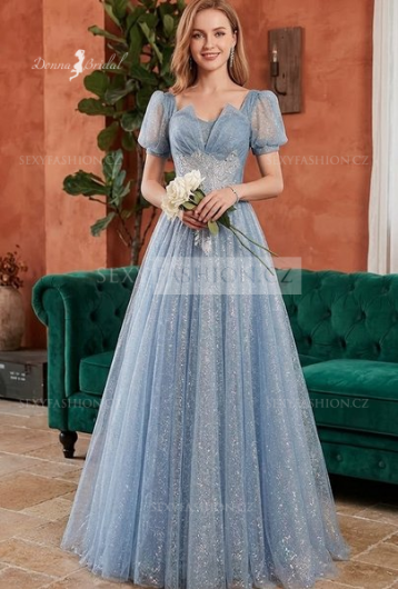 Donna Bridal plesové šaty – elegantní třpytivé šaty s květinovým zdobením a nadýchanými rukávky Modrá světlá Velikost 34 kód 570