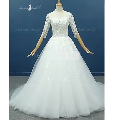 Donna Bridal romantické krajkové šaty s vlečkou + DLOUHÝ ZÁVOJ ZDARMA Ivory Velikost 34 kód 147