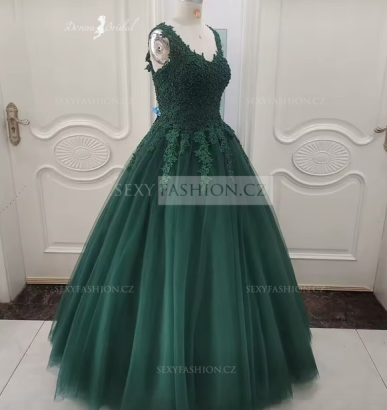 Donna Bridal nádherné plesové šaty s perličkami + SPODNICE ZDARMA Zelená tmavá Velikost 44 kód 162