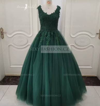 Donna Bridal nádherné plesové šaty s perličkami + SPODNICE ZDARMA Zelená tmavá Velikost 44 kód 162