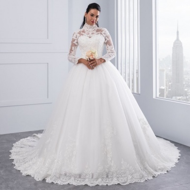 Donna Bridal luxury princess wedding dress with long sleeve neck + Petticoat FREE Bílá 42 cone 82