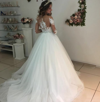 Donna Bridal luxusní svatební šaty s krajkovým živůtkem a dlouhým rukávem + SPODNICE ZDARMA Bílá 32 kód 107