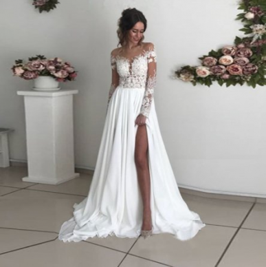 Donna Bridal dlouhé BOHO krajkové svatební šaty s dlouhým rukávem Bílá - živůtek: bez korálkování (žádné flitry, kamínky, perličky) 36 137