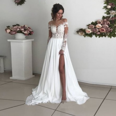 Donna Bridal dlouhé BOHO krajkové svatební šaty s dlouhým rukávem Bílá 34 137