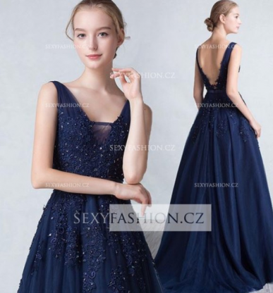 Donna Bridal společenské a plesové šaty s výstřihem do V a tylovou sukní s vlečkou Modrá námořnická Velikost Vlastní velikost + 200,- kód 220