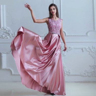 Donna Bridal elegantní saténové šaty na ples s ozdobným páskem RŮŽOVÁ TMAVÁ - SATÉN Velikost 48 kód 230