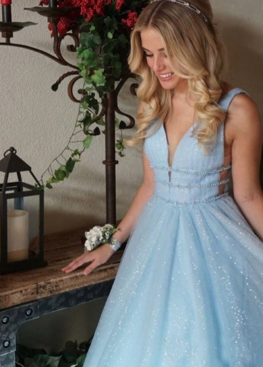 Donna Bridal večerní třpytivé šaty na ples  + SPODNICE ZDARMA Modrá nebeská Velikost 32 kód 235