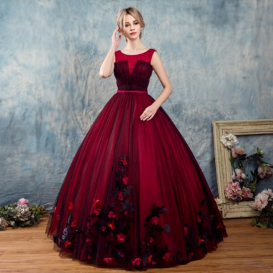 Donna Bridal romantické šaty s květinovou aplikací v 3D + SPODNICE ZDARMA Červená tmavá Velikost 32 kod 265