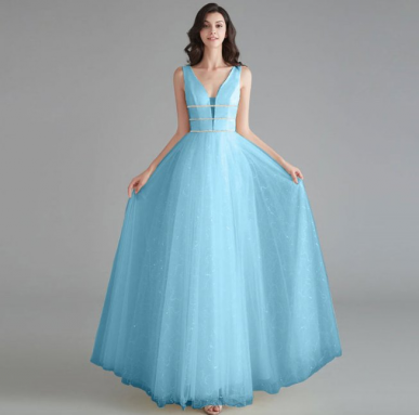 Donna Bridal plesové šaty s hlubokým výstřihem a s originálně zdobenou sukní Modrá nebeská Velikost 36 kód 313