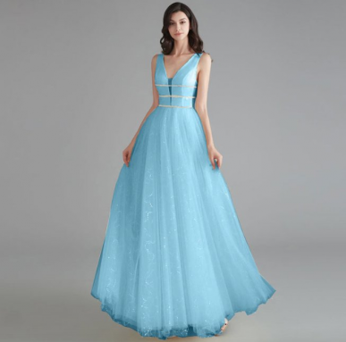 Donna Bridal plesové šaty s hlubokým výstřihem a s originálně zdobenou sukní Modrá nebeská Velikost 36 kód 313