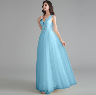 Donna Bridal plesové šaty s hlubokým výstřihem a s originálně zdobenou sukní Modrá nebeská Velikost 36 kód 313