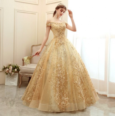 Donna Bridal společenské a plesové šaty s krajkou a perličkami Zlatá Velikost 32 kód 371