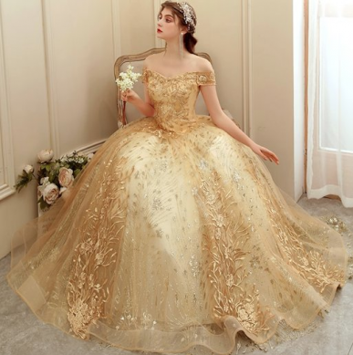 Donna Bridal společenské a plesové šaty s krajkou a perličkami Zlatá Velikost 32 kód 371