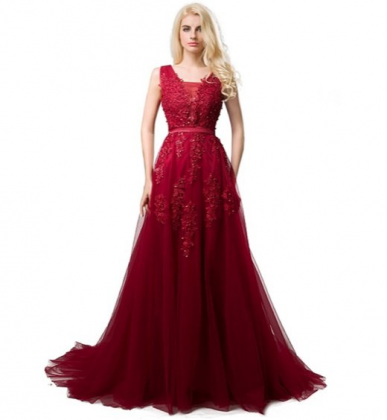 Donna Bridal krajkové tylové šaty na ples s perličkami a sexy výstřihem Červená tmavá Velikost 32 kód 429