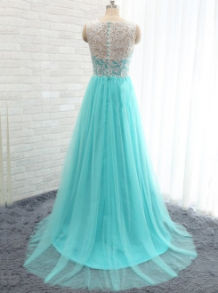 Akvamarínový Donna Bridal elegantní plesové šaty na ples s knoflíčky na zádech kód 223 - Akvamarínový