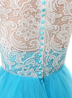 Modrá azurová Donna Bridal elegantní plesové šaty na ples s knoflíčky na zádech kód 223 - Modrá azurová