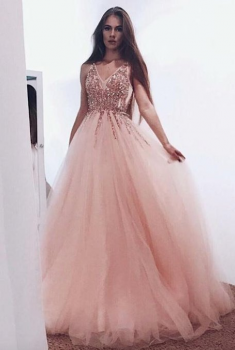 Donna Bridal večerní, krásné a sexy společenské šaty s rozparkem a výstřihem do V kód 363 - Růžová světlá