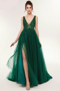 Donna Bridal večerní, krásné a sexy společenské šaty s rozparkem a výstřihem do V kód 439 - Zelená tmavá