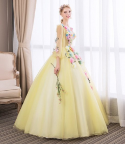Donna Bridal romantické společenské šaty s květy na živůtku a sukni kód 372 - Žlutá