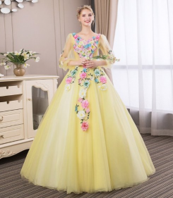 Donna Bridal romantické společenské šaty s květy na živůtku a sukni kód 372 - Žlutá