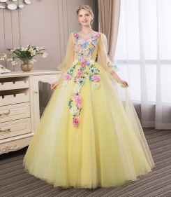 Donna Bridal romantické společenské šaty s květy na živůtku a sukni kód 372 - Žlutá