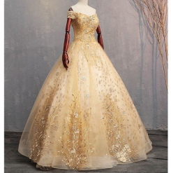 Donna Bridal společenské a plesové šaty s krajkou a perličkami kód 371 - Zlatá