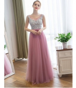 Donna Bridal dlouhé elegantní večerní šaty na ples s výstřihem do V kód 236 - Růžová Dusty Pink
