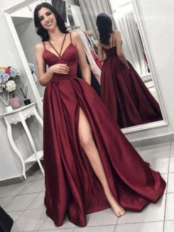Donna Bridal krásné plesové a společenské šaty s kapsami a rozparkem kód 451 - Červená tmavá