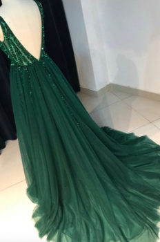 Donna Bridal večerní, krásné a sexy společenské šaty s rozparkem a výstřihem do V kód 439 - Zelená tmavá